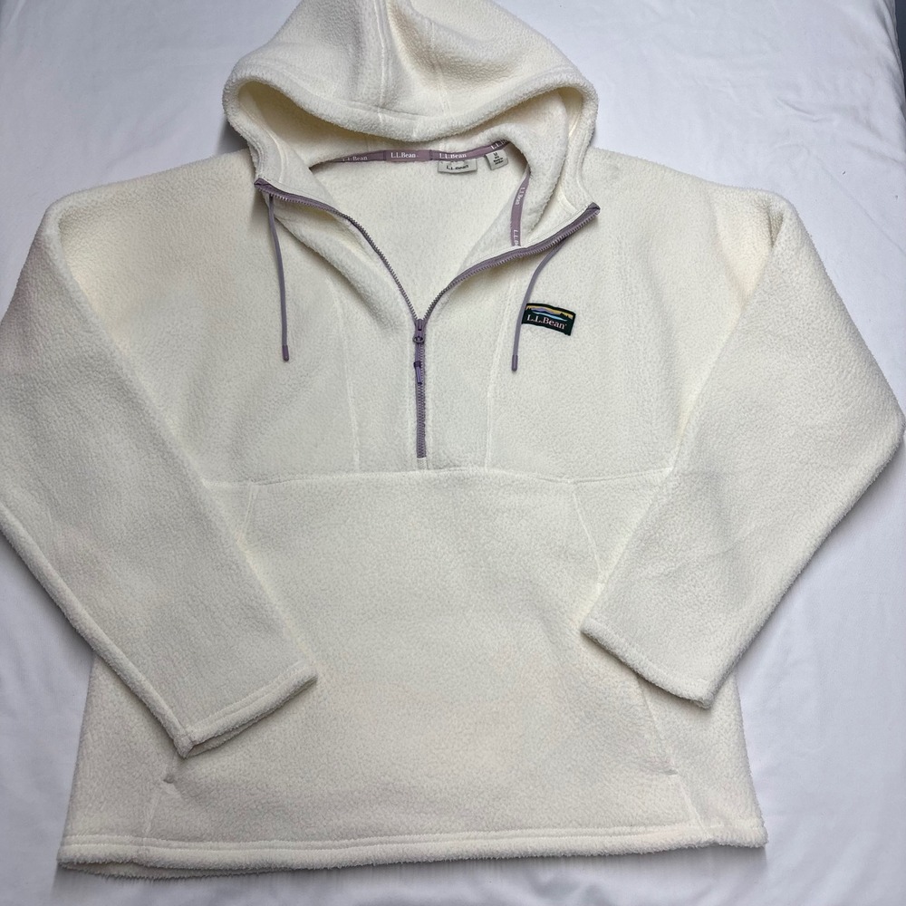 L.L. Bean Sherpa Fleece Quarter Zip Hoodie Pullover Women's Medium Cream White